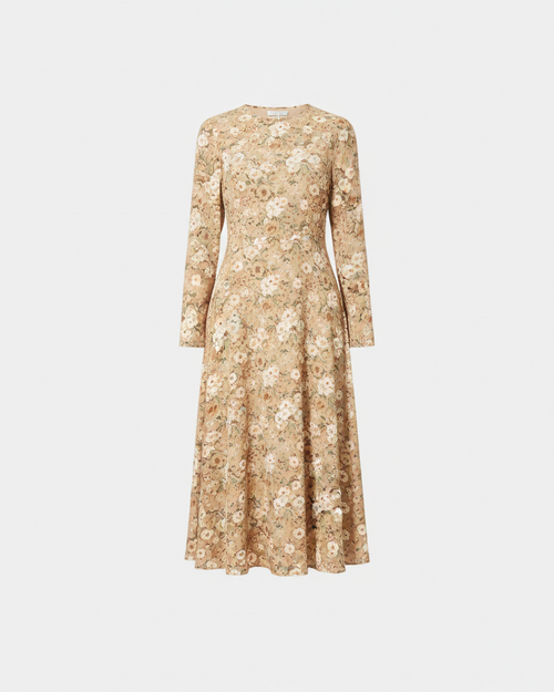 Beige Floral Print Midi Dress