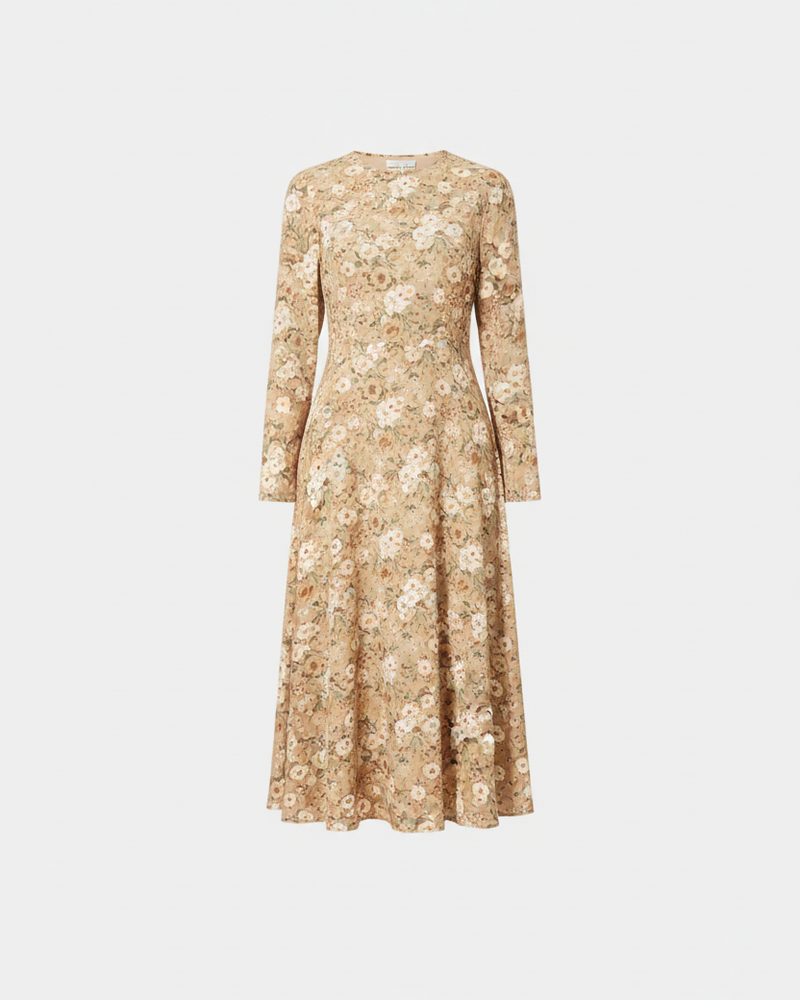 Beige Floral Print Midi Dress