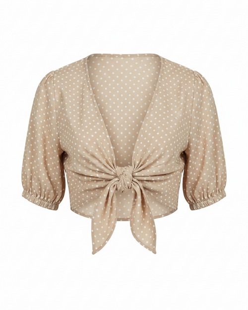 Beige Polka Dot Tie-Front Top