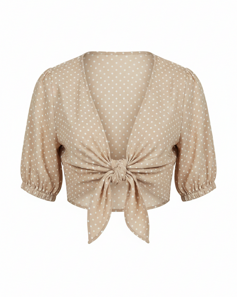 Beige Polka Dot Tie-Front Top
