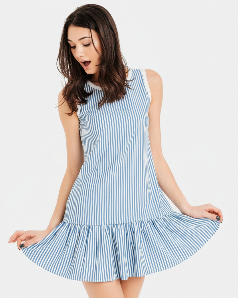 Blue Sleeveless Striped Skater Dress