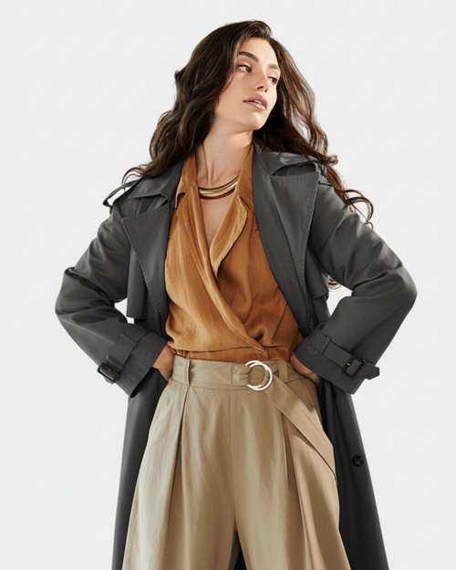 Classic Double-Breasted Beige Trench - Gray
