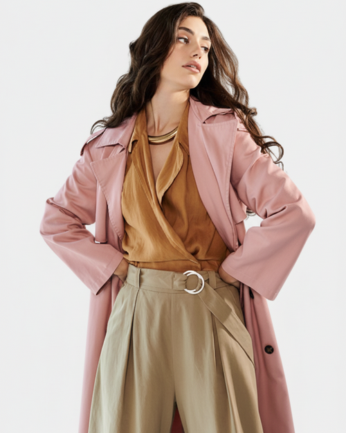 Classic Double-Breasted Beige Trench - Pink