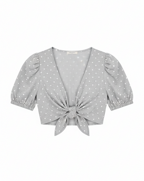 Gray Polka Dot Tie-Front Top