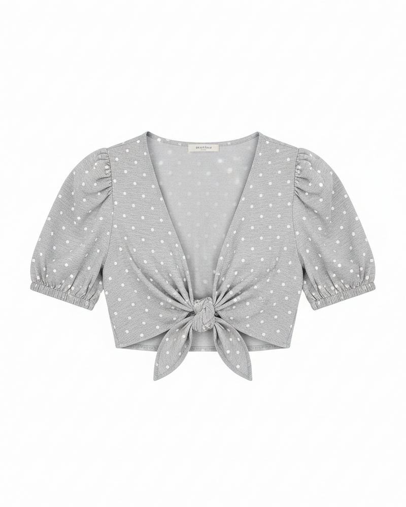 Gray Polka Dot Tie-Front Top