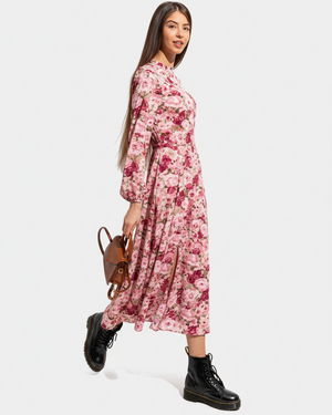 Pink Floral Print Midi Dress