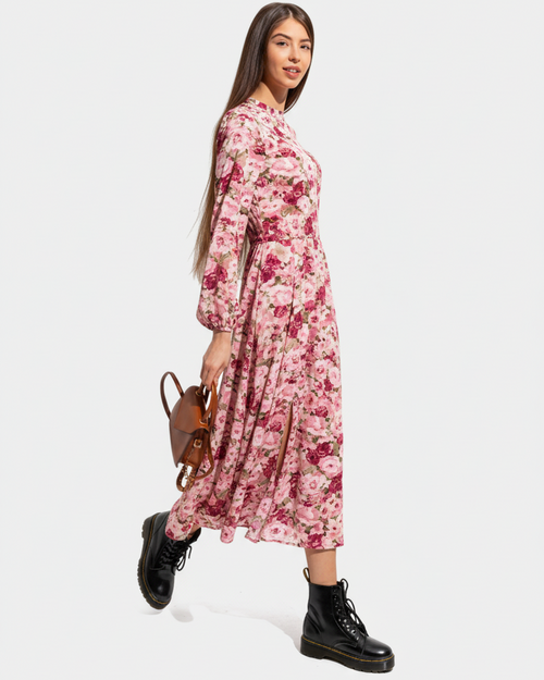 Pink Floral Print Midi Dress
