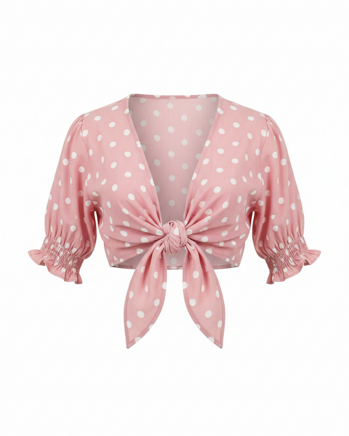 Pink Polka Dot Tie-Front Top