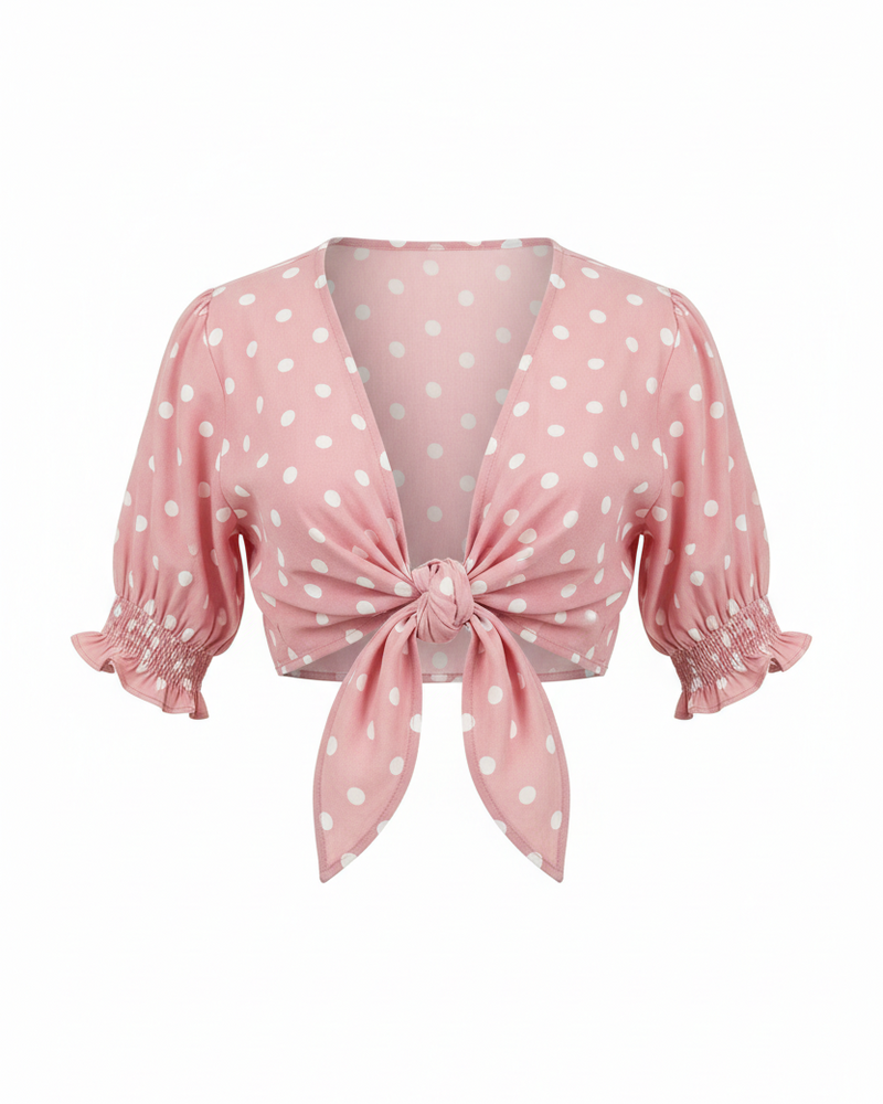 Pink Polka Dot Tie-Front Top